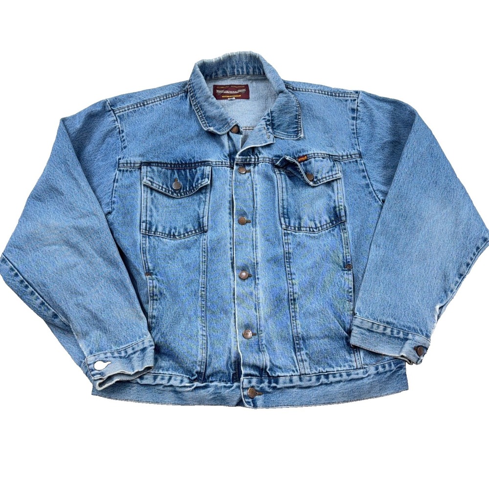 Vintage Rustler Denim Jacket Men Large Blue Jean Trucker 90s Faded Med Wash